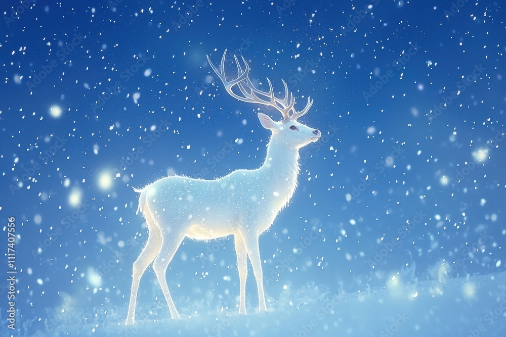 A serene, glowing deer stands in a snowy landscape under a blue sky. A serene, glowing deer stands in a snowy landscape under a blue sky.