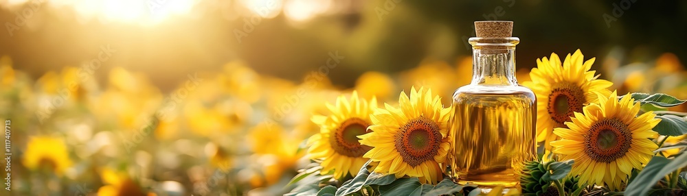 Sunflower oil bottle with sunflowers, centered shot, warm and rustic lighting, natural setting Sunflower oil bottle with sunflowers, centered shot, warm and rustic lighting, natural setting