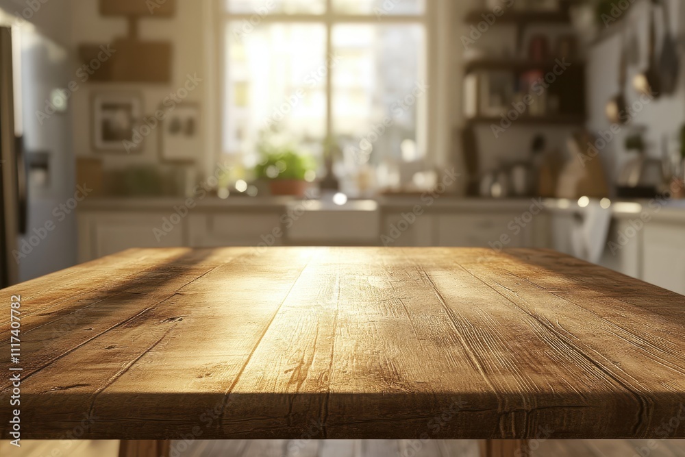 A sunlit wooden table in a cozy kitchen, inviting warmth and comfort. A sunlit wooden table in a cozy kitchen, inviting warmth and comfort.