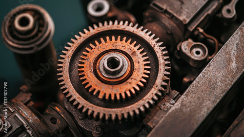 Detailed view of rusty gear in engine, showcasing intricate mechanics