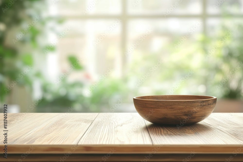 A wooden bowl sits on a wooden table, surrounded by a blurred green background. A wooden bowl sits on a wooden table, surrounded by a blurred green background.