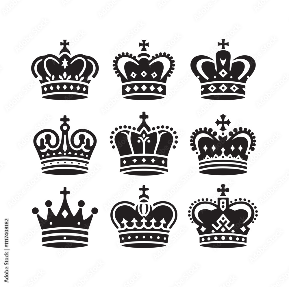 Fototapeta premium Kings crown icon set silhouette vector illustration