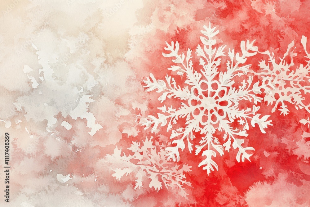 Fototapeta premium A watercolor illustration featuring white snowflakes on a red and pale background.