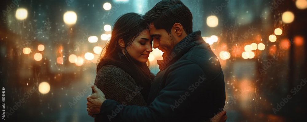 A couple embraces warmly in a softly lit urban setting, conveying intimacy and connection.