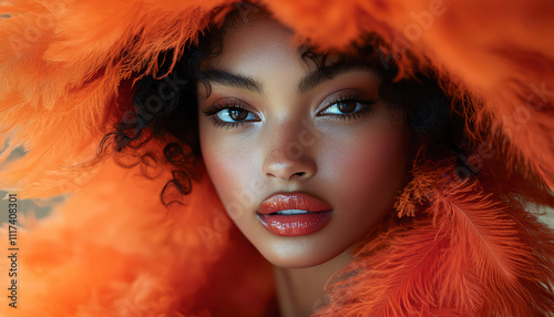 Woman in vibrant orange feather jacket, soft backlit, dynamic midmotion pose, stylish and bold photo