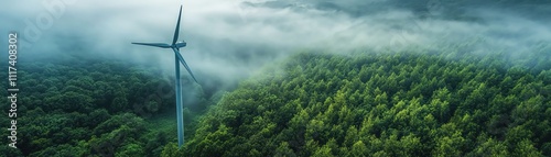 Wind turbine towering above a mistshrouded forest, captured from above, creating an ecofriendly contrast between renewable energy and natural beauty photo