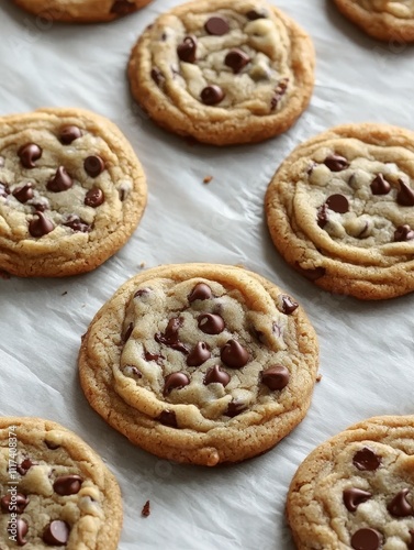 Delicious chocolate chip cookies arranged on parchment paper, showcasing a golden-brown crust and melting chocolate chips.