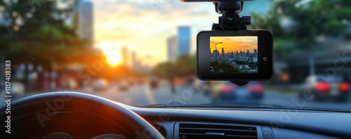 A car's dashboard view captures a sunset reflected on a dashcam screen, showcasing an urban environment and serene lighting.