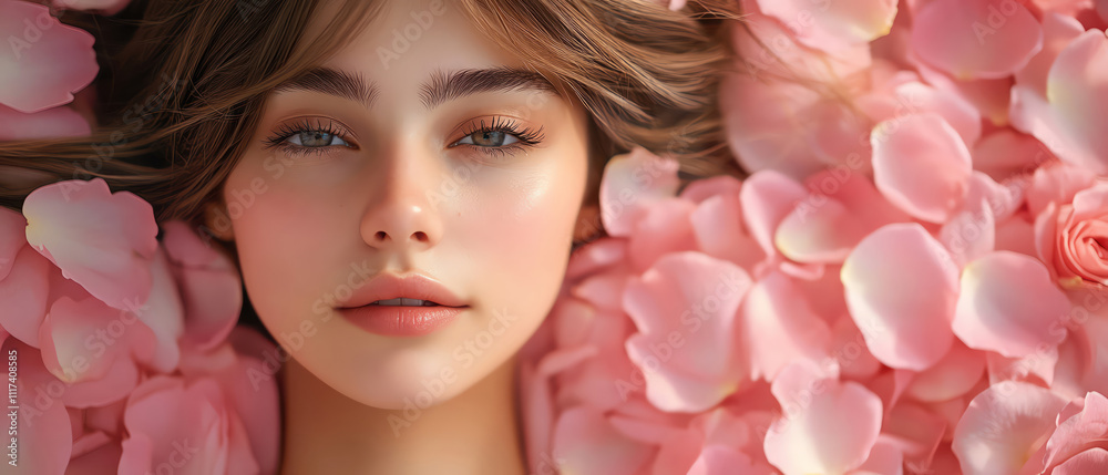 Young woman surrounded by a bed of pink rose petals, serene and dreamy atmosphere Young woman surrounded by a bed of pink rose petals, serene and dreamy atmosphere
