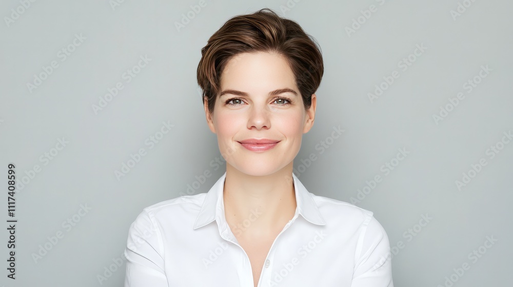 Elegant young woman with glowing short hairstyle with confidence and gentle smile. Modern beauty portrait with clean minimal composition showing healthy, rad Elegant young woman with glowing short hairstyle with confidence and gentle smile. Modern beauty portrait with clean minimal composition showing healthy, rad
