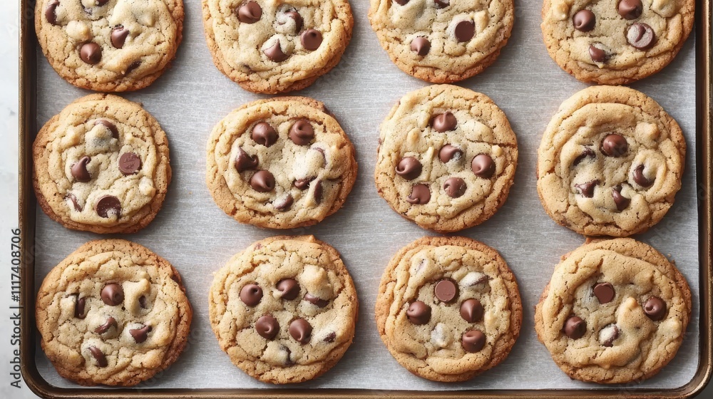 A tray of freshly baked chocolate chip cookies, golden brown and perfectly round, arranged in a neat pattern. A tray of freshly baked chocolate chip cookies, golden brown and perfectly round, arranged in a neat pattern.