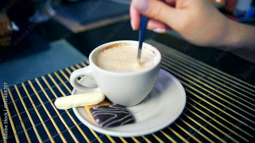Person stirring coffee in cup with biscuits on plate