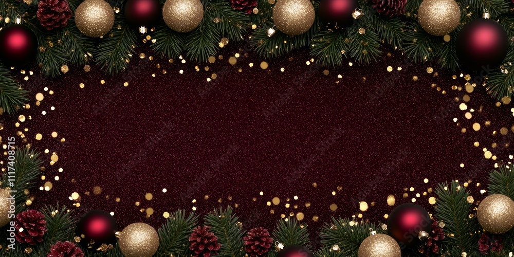 A festive Christmas background featuring vibrant red and gold ornaments alongside natural pine cones, perfect for seasonal decorations and celebrations.