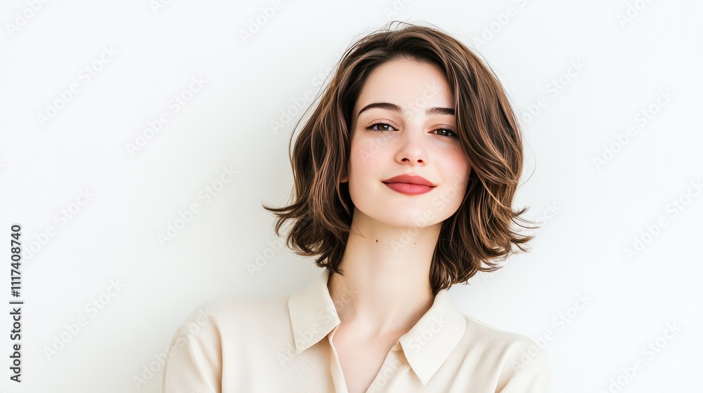 Elegant young woman with glowing short hairstyle with confidence and gentle smile. Modern beauty portrait with clean minimal composition showing healthy, rad Elegant young woman with glowing short hairstyle with confidence and gentle smile. Modern beauty portrait with clean minimal composition showing healthy, rad