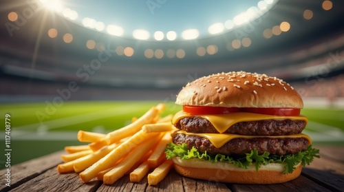 Close-up of a cheeseburger with fries on a wooden table in a stadium setting under bright lights. Perfect for food and sports themes photo