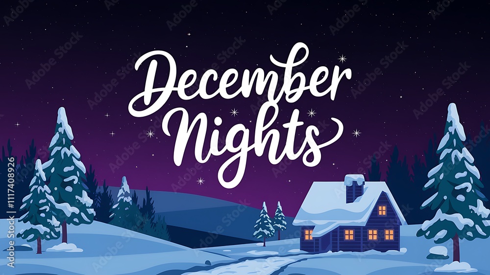 Naklejka premium December Nights Snowy Cabin Winter Wonderland Scene