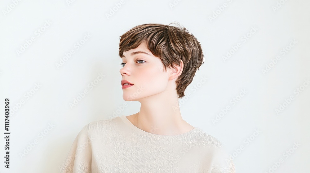 Elegant young woman with glowing short hairstyle with confidence and gentle smile. Modern beauty portrait with clean minimal composition showing healthy, rad Elegant young woman with glowing short hairstyle with confidence and gentle smile. Modern beauty portrait with clean minimal composition showing healthy, rad