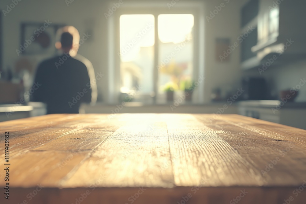 A warm, inviting kitchen scene with a wooden table in focus and a person in the background. A warm, inviting kitchen scene with a wooden table in focus and a person in the background.