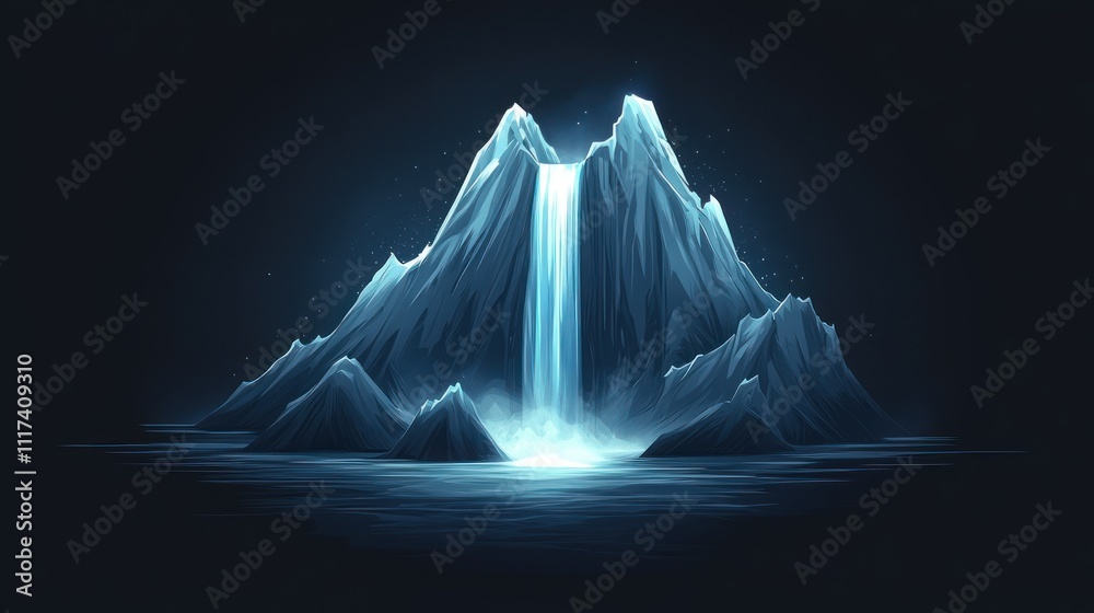 A serene digital illustration of a mountain with a waterfall cascading into a dark body of water. A serene digital illustration of a mountain with a waterfall cascading into a dark body of water.