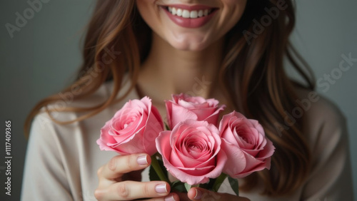 Wallpaper Mural Beautiful happy young woman holding pink roses in her hands Torontodigital.ca