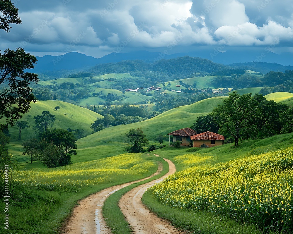 Obraz premium Verdant Horizon Adventures, Scenic Hilltop Landscape Under Dramatic Clouds