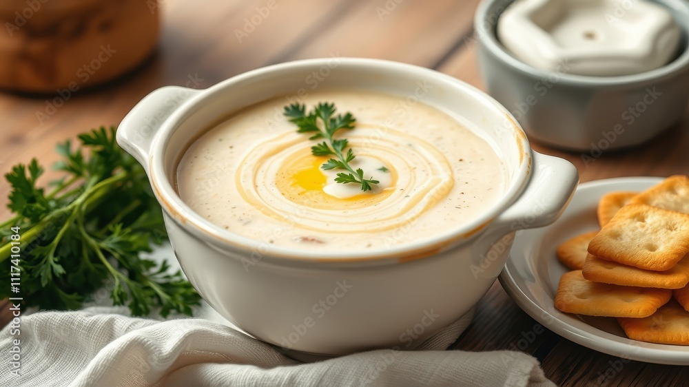 Creamy soup with parsley garnish served with crackers in a white bowl on a wooden table Creamy soup with parsley garnish served with crackers in a white bowl on a wooden table