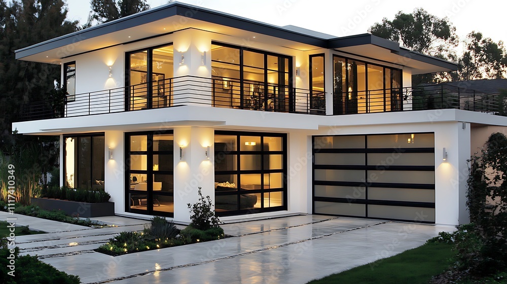 Modern two-story house with glass garage door and exterior lighting at night.