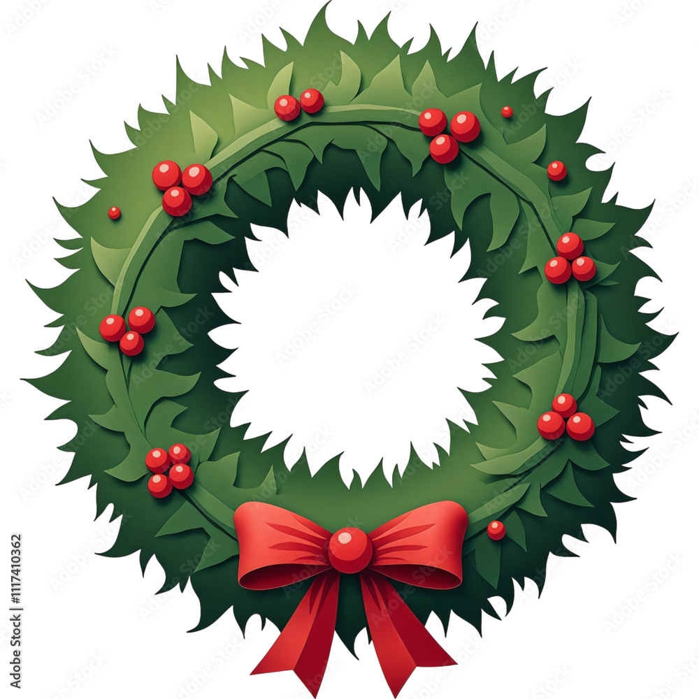 Wreath with red ribbon and green leaves Wreath with red ribbon and green leaves