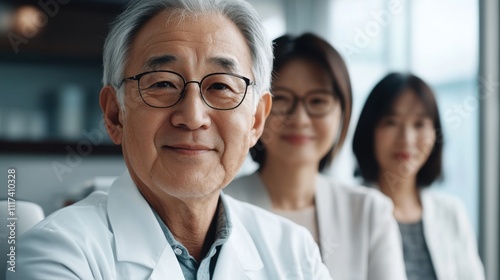 Senior doctor smiling confidently in a modern clinic with two female medical professionals in the background showcasing teamwork and dedication to healthcare practices.