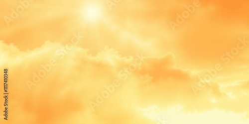 A soft and hazy yellow sky, with fluffy white clouds illuminated by the warm glow of the sun