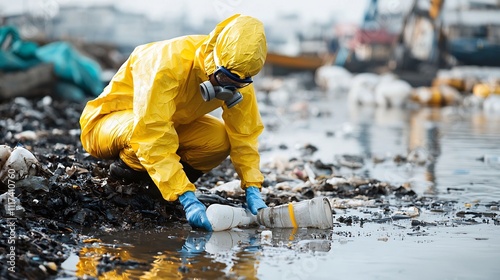 Protective Suited Worker Handling Hazardous Chemical Waste Disposal Procedures at Regulated Site