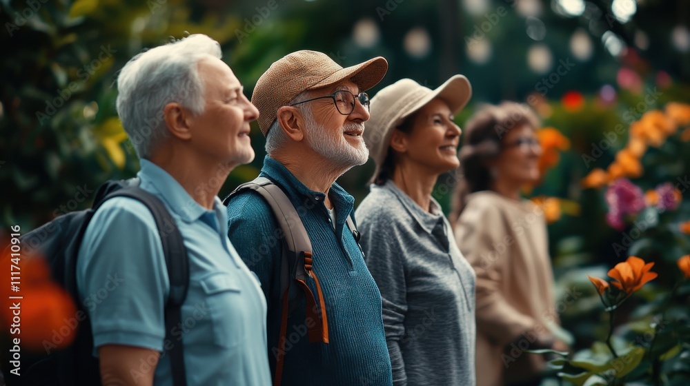 Fototapeta premium Joyful seniors enjoying vibrant garden scenery with lush flowers and greenery, connecting with nature and each other in a serene outdoor setting