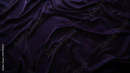 Luxurious deep purple silk fabric, elegantly draped with soft folds and shadows, creating a sophisticated and rich texture background.