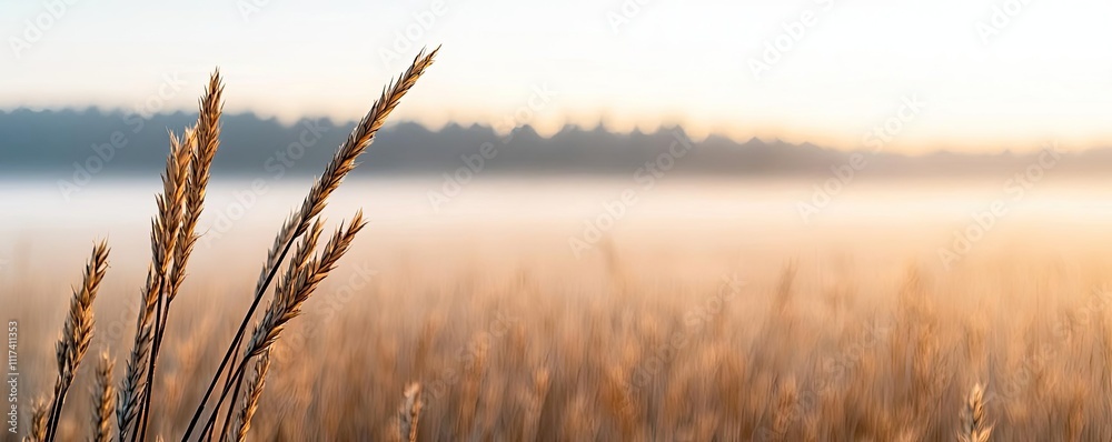Fototapeta premium Golden grass stems basking in soft morning light with a serene, blurred background.