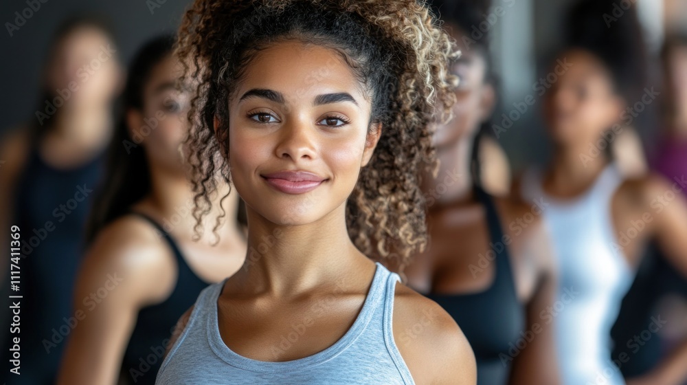 Confident Young Woman Among Friends, Portrait of a Smiling Female Fitness Enthusiast Confident Young Woman Among Friends, Portrait of a Smiling Female Fitness Enthusiast