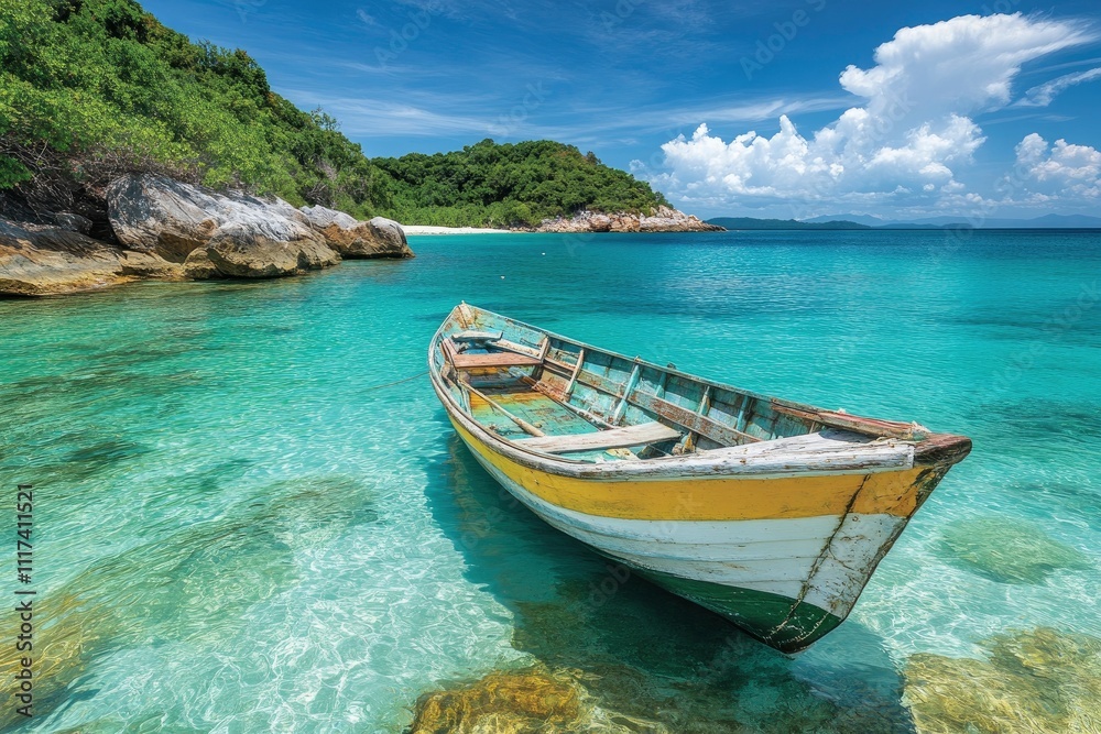 A serene beach scene featuring a colorful boat in clear turquoise waters. A serene beach scene featuring a colorful boat in clear turquoise waters.
