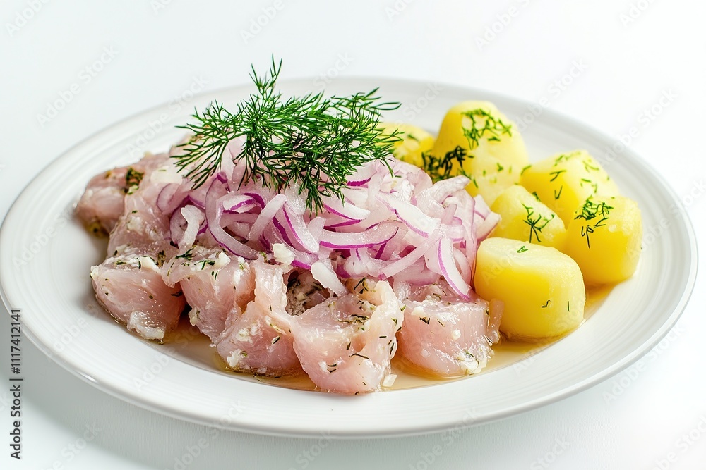 A plate of pickled herring served with thinly sliced onions, a sprinkle of dill. A plate of pickled herring served with thinly sliced onions, a sprinkle of dill.