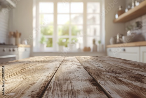 A cozy kitchen scene with a wooden table and bright window view.