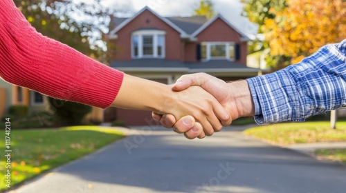 Real estate deal closing, handshake in front of new house.