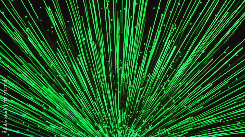 Obraz premium Abstract vibrant green light streaks radiating outwards, creating a dynamic and energetic burst effect on a black background. Perfect for technology, energy, or speed concepts.