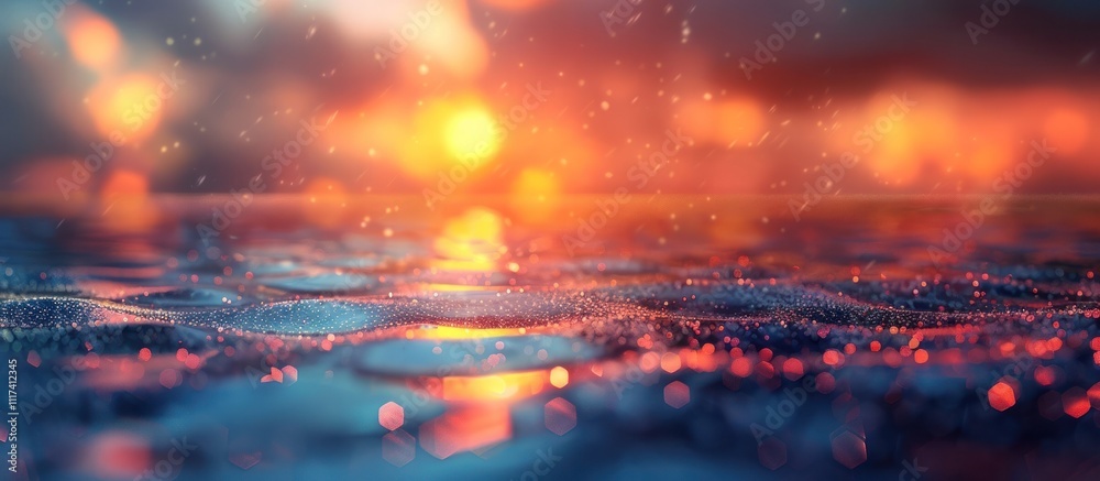 Dramatic rainy sunset landscape with glittering water reflections and bokeh lights Atmospheric and moody scene with rain drops puddles and a vibrant glowing sky Dramatic rainy sunset landscape with glittering water reflections and bokeh lights Atmospheric and moody scene with rain drops puddles and a vibrant glowing sky
