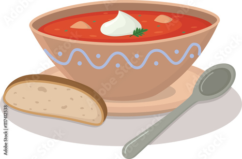 A plate of red borscht with sour cream and with a spoon and bread nearby. Cute flat illustration of traditional Ukrainian soup with beets and cabbage
