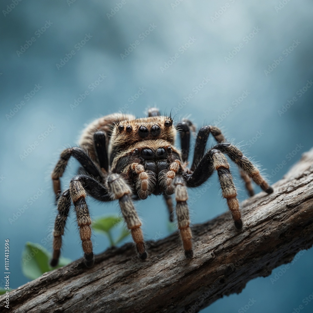 A tarantula on a branch with light blue mist and white highlights in the background. A tarantula on a branch with light blue mist and white highlights in the background.