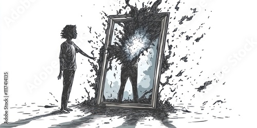 A figure interacts with a shattered mirror, symbolizing self-reflection and inner turmoil.