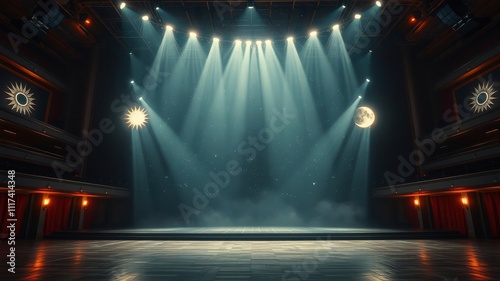 A stage bathed in ethereal light, with celestial motifs adorning the walls, awaits the unfolding of a grand spectacle.