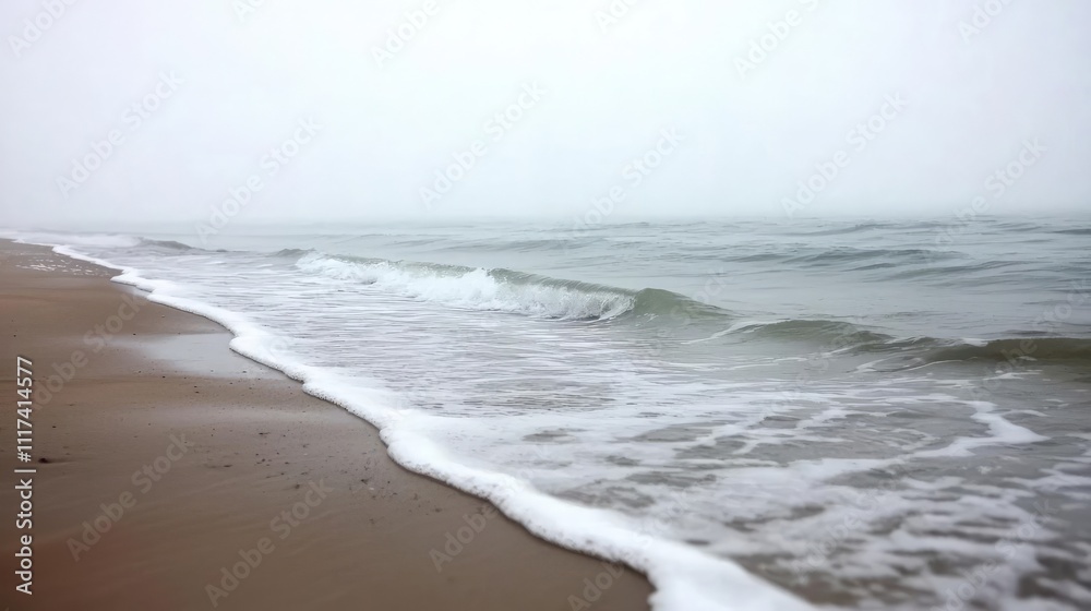 Misty beach scene with gentle waves lapping the shore, creating a serene atmosphere of nature and tranquility. Misty beach scene with gentle waves lapping the shore, creating a serene atmosphere of nature and tranquility.