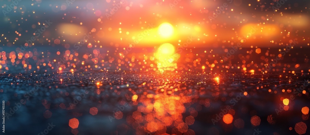 Fototapeta premium Breathtaking sunset scene with glowing shimmering reflection on the calm surface of a serene lake surrounded by a magical dreamlike atmosphere of twinkling glittering bokeh lights in the sky