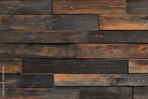 A textured wooden wall featuring dark and light planks arranged in a pattern.