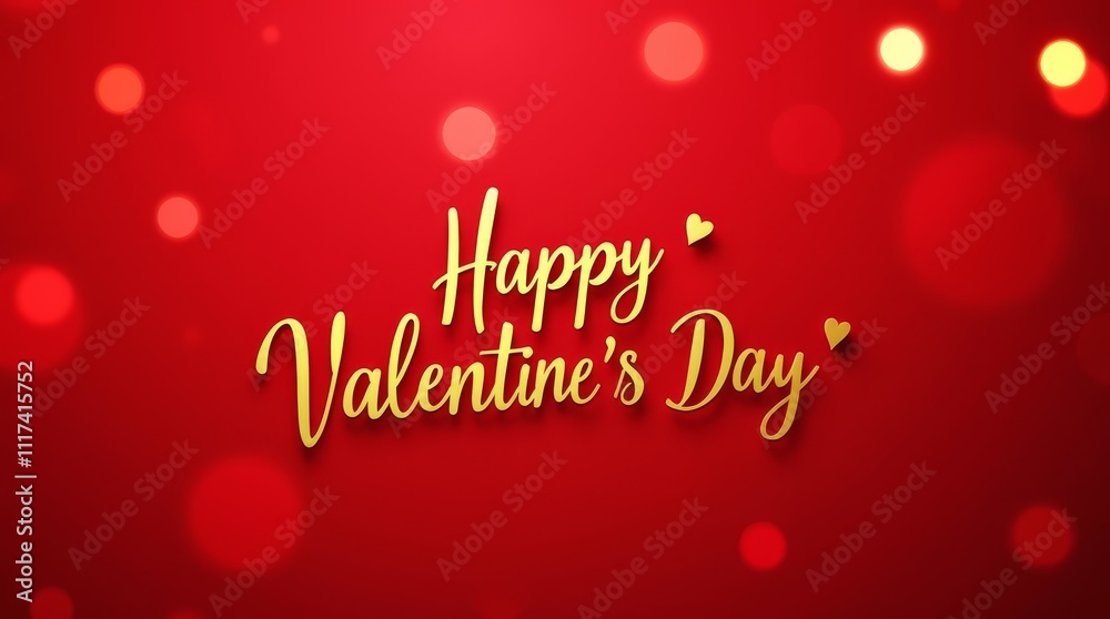 Happy Valentine's Day gold text on bright red bokeh background. Romantic holiday design with light effects and copy space Happy Valentine's Day gold text on bright red bokeh background. Romantic holiday design with light effects and copy space