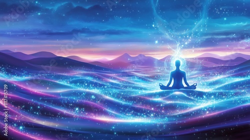 Spiritual meditation: silhouette of person in tranquil starry landscape